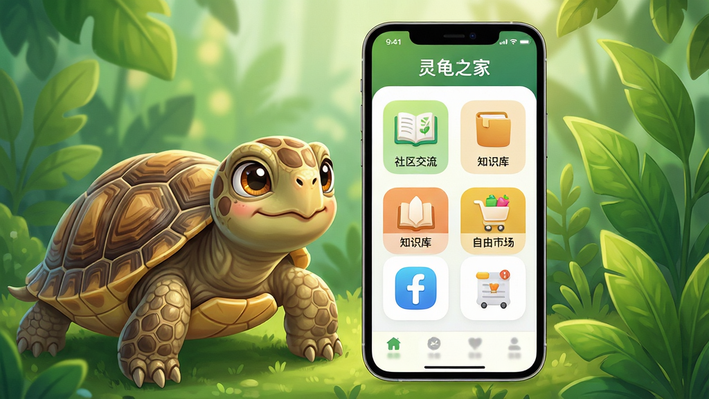 主体:灵龟之家APP界面截图风格,展示一只可爱的乌龟在绿色生态环境中,旁边有手机界面浮窗,界面显示“灵龟之家”字样和社区交流、知识库、自由市场等图标。布局:居中构图,手机界面为主体,乌龟在左侧,绿色植物点缀右侧。排版:手机界面清晰展示APP主要功能模块图标。风格:清新自然,卡通与写实结合,色彩明亮。细节:乌龟甲壳纹理清晰,眼神灵动,手机界面图标圆润,整体氛围温馨。画质:8K超高清,干净,无多余元素