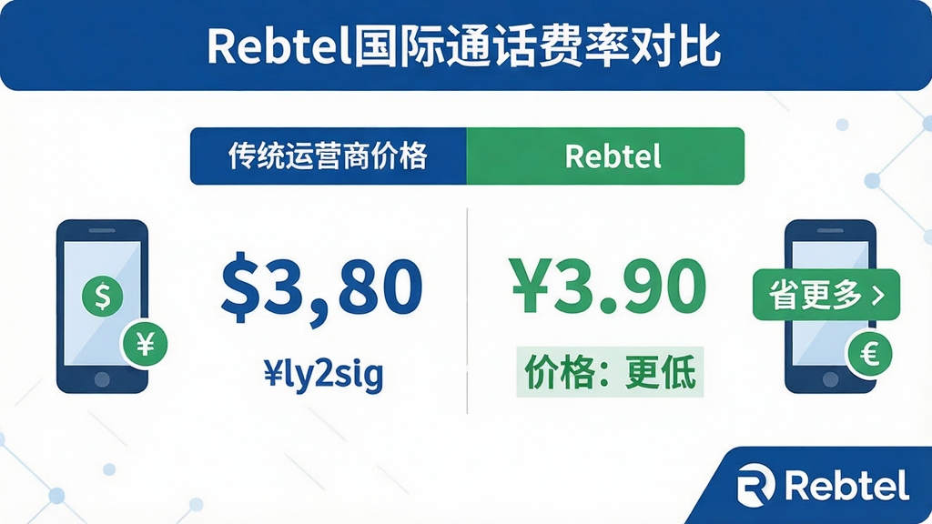 主体:一张展示Rebtel国际通话费率对比的图表,左侧为传统运营商价格,右侧为Rebtel价格,价格明显更低。布局:图表居中,两侧配以简单的手机图标和货币符号。排版:对比鲜明,数据清晰,右下角有Rebtel标志。风格:商务简洁,蓝色和绿色为主色调,扁平化设计。细节:价格数字用大号字体标出,Rebtel侧标有“省更多”字样。画质:高清,干净,无多余元素。