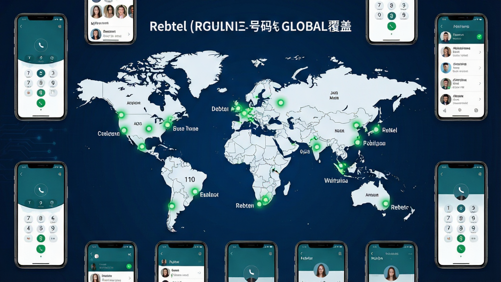 主体:一张世界地图,上面用亮点标记出多个城市,代表Rebtel提供的全球号码覆盖地区。布局:地图占据画面中央,周围环绕着几个手机界面,显示不同国家的号码。排版:地图清晰,标记醒目,手机界面排列整齐。风格:商务科技感,深蓝色背景,亮点为绿色。细节:每个亮点旁标注城市名称,手机界面显示拨号界面和联系人信息。画质:高清,干净,无多余元素。