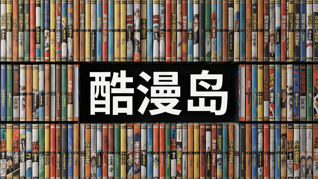 一张展示酷漫岛海量漫画资源的宣传海报,主体是一面由无数彩色漫画书脊组成的巨大书墙,排列整齐,中心部分有“酷漫岛”字样,布局对称,风格时尚大气,细节精细逼真,画质高清干净,无多余元素。