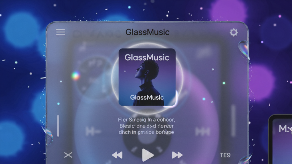 主体为GlassMusic播放器界面特写,背景是蓝紫色渐变光斑,前景是半透明磨砂玻璃面板,面板内显示音乐封面和歌词,光晕从封面边缘溢出,布局采用居中对称,风格为未来主义UI设计,细节包含玻璃折射效果和微光粒子,画质细腻干净,突出玻璃质感