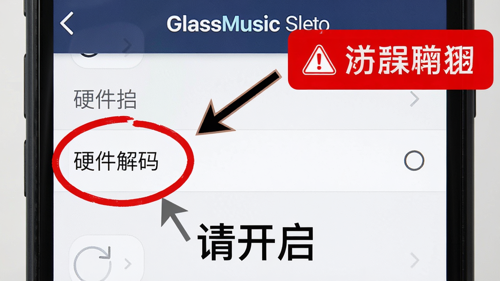 主体为手机截图教程示意图,屏幕显示GlassMusic设置页面,其中“硬件解码”选项被红圈标注,下方有文字说明“请开启”,布局为截图加标注文字,风格为教程图解风格,细节包括箭头指向和红色警示框,画质清晰干净,无多余元素