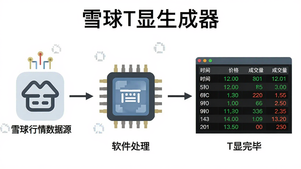 展示雪球T显生成器自动生成数据的流程图,左侧为雪球行情数据源图标,中间为软件处理芯片图形,右侧为生成完毕的T显数据表格界面,表格中包含时间、价格、成交量等字段,数据以绿色和红色数字显示,整体风格扁平化,背景为白色,主要突出“雪球T显生成器”字样,画质清晰,无多余元素