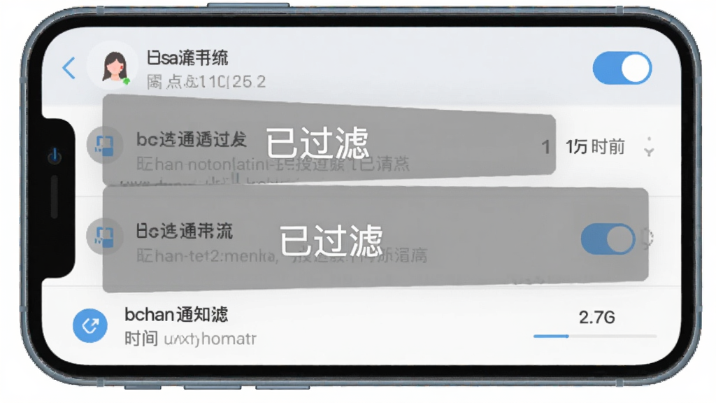 展示bchan通知过滤功能的界面示意图,主体为手机屏幕,屏幕中显示通知列表,部分通知被灰色蒙层覆盖并标注“已过滤”。布局为列表式,风格简洁,色调偏冷,细节包括过滤开关与时间设定,画质通透干净,无多余元素。