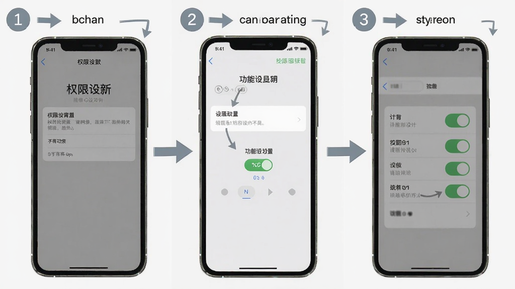 展示bchan使用教程步骤图,主体为手机屏幕,屏幕中显示权限设置界面与功能开关。布局为分步示意图,每步用数字标注,风格简洁,色彩中性,细节包括箭头指引与文字说明,画质干净,无多余元素。