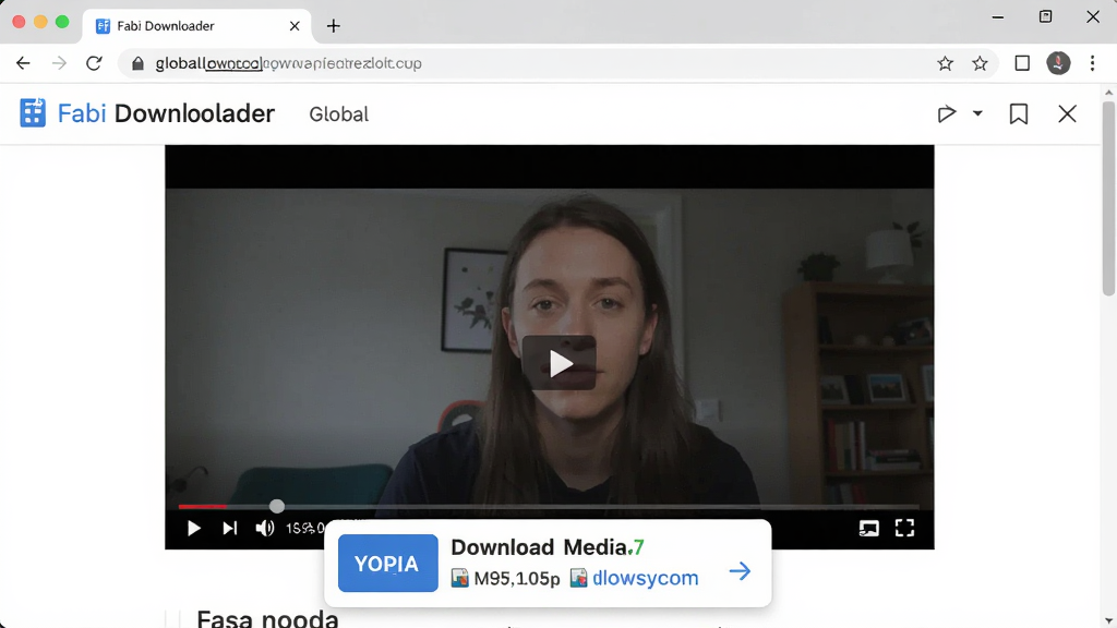 一张展示 Fabi Downloader 全局嗅探功能的界面截图,内置浏览器中播放视频,页面底部悬浮着下载按钮,显示可下载的媒体文件信息,界面交互流畅,画质清晰,无多余元素