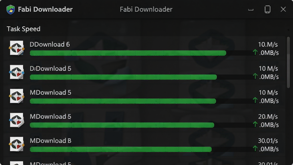 一张展示 Fabi Downloader 高速下载状态的截图,任务列表中的多个文件正在快速下载,进度条呈绿色,速度显示为几MB/s,背景为简约的深色界面,突出速度优势,画质干净,无多余元素