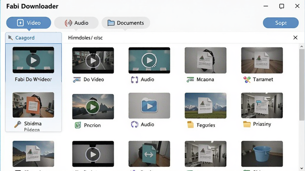 一张展示 Fabi Downloader 分类管理功能的截图,主界面显示视频、音频、文档等分类标签,点击后展示对应的文件列表,布局清晰,缩略图直观,画质干净,无多余元素