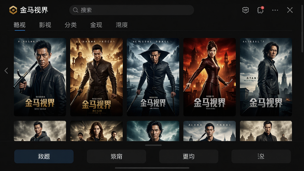 金马视界, 一款影视播放软件的主界面, 深色主题背景, 顶部有搜索栏和分类导航, 中间是精美的电影海报墙, 下方是功能按钮, 整体布局现代大气, 高清画质, 干净无多余元素