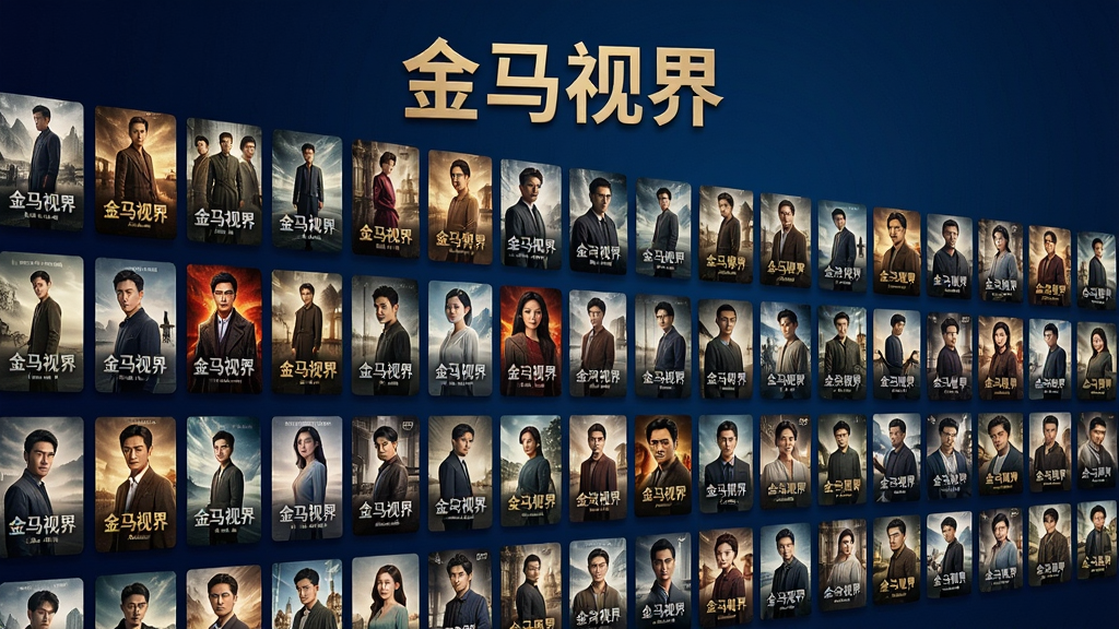 金马视界, 展示海量影视资源的海报墙, 各种电影和电视剧封面整齐排列, 画面色彩丰富, 高清质感, 背景为深蓝色渐变, 整体布局饱满, 画质清晰, 干净无多余元素