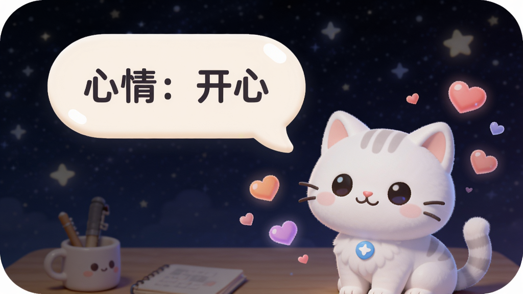 LumiPet桌宠主界面,一只白色小猫在桌面右下角,头顶弹出对话气泡显示“心情:开心”,周围有漂浮的爱心特效,桌面背景为深色星空,整体UI风格圆润可爱,细节精致,画质高清,干净无多余元素