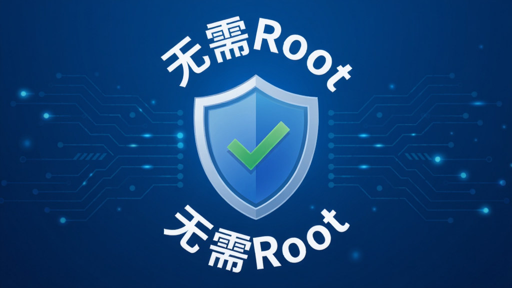 App Freezer安全防护界面,背景为蓝色科技感,主体为一个盾牌图标,盾牌上打勾,周围环绕“无需Root”文字,布局居中,排版简洁,风格安全可靠,细节清晰,画质干净,无多余元素