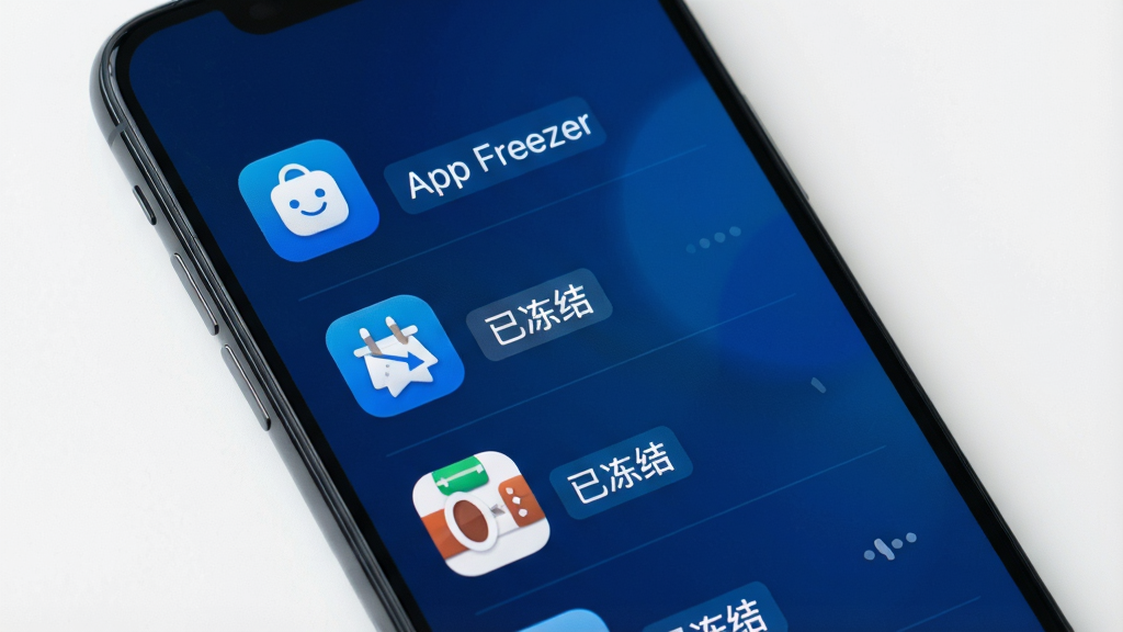 一张智能手机屏幕特写,屏幕中央显示App Freezer的主界面,界面风格简洁现代,背景为深蓝色渐变,软件图标醒目,界面中列出几个应用图标并带有“已冻结”标签,布局清晰,排版规整,画质高清,干净无多余元素