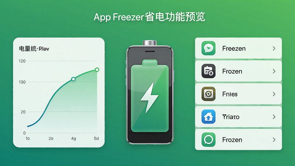 App Freezer省电功能预览图,左侧为电量统计图表,右侧为被冻结应用列表,背景为绿色渐变,主体为手机电池图标与电量曲线,布局左右对称,排版清晰,风格简约科技感,细节丰富,画质高清,无多余元素