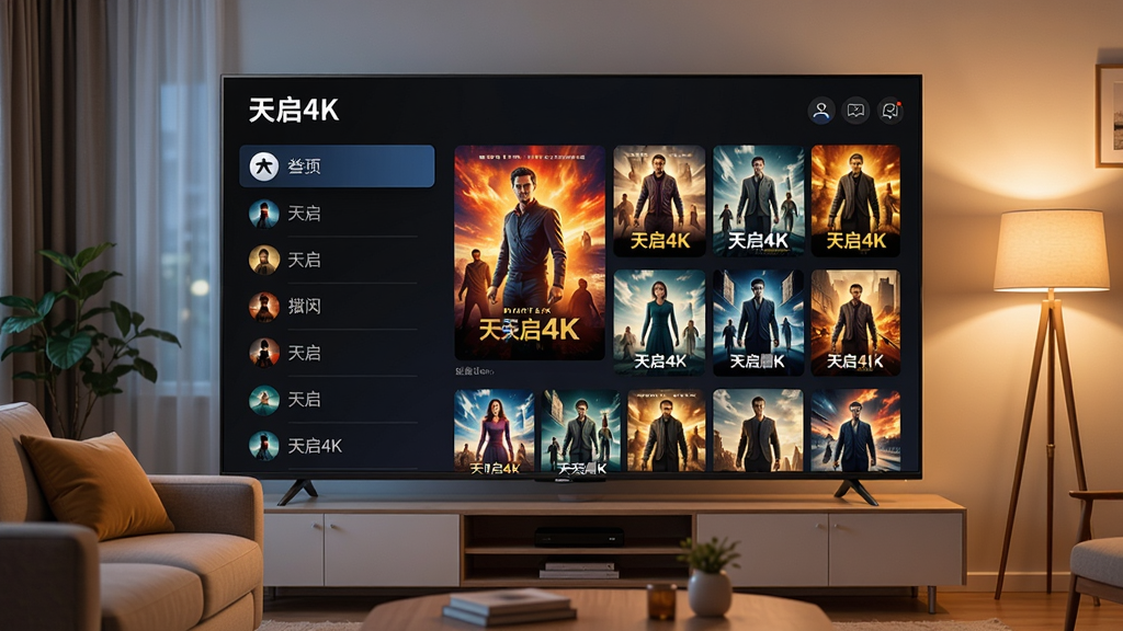 主体:一台现代智能电视正在播放“天启4K”影视应用界面,画面显示高清电影海报墙。布局:电视居中,屏幕内容清晰可见,周围有舒适的客厅环境,沙发和暖色灯光。排版:界面采用左右分栏设计,左侧为分类列表,右侧为影片缩略图网格。风格:科技感与居家感结合,色彩明亮通透。细节:屏幕中电影海报色彩鲜艳,文字“天启4K”位于屏幕左上角。画质:超高清8K渲染,画面干净,无多余元素。