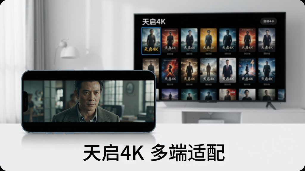 主体:一部智能手机和一台电视同时在播放“天启4K”内容,手机横屏显示电影画面,电视显示应用主界面。布局:手机在前景,电视在背景,形成对比。排版:画面下方有“天启4K 多端适配”文字。风格:现代简约,科技感。细节:手机屏幕中播放电影,电视屏幕中显示海报墙,文字清晰。画质:高清,干净,无多余元素。