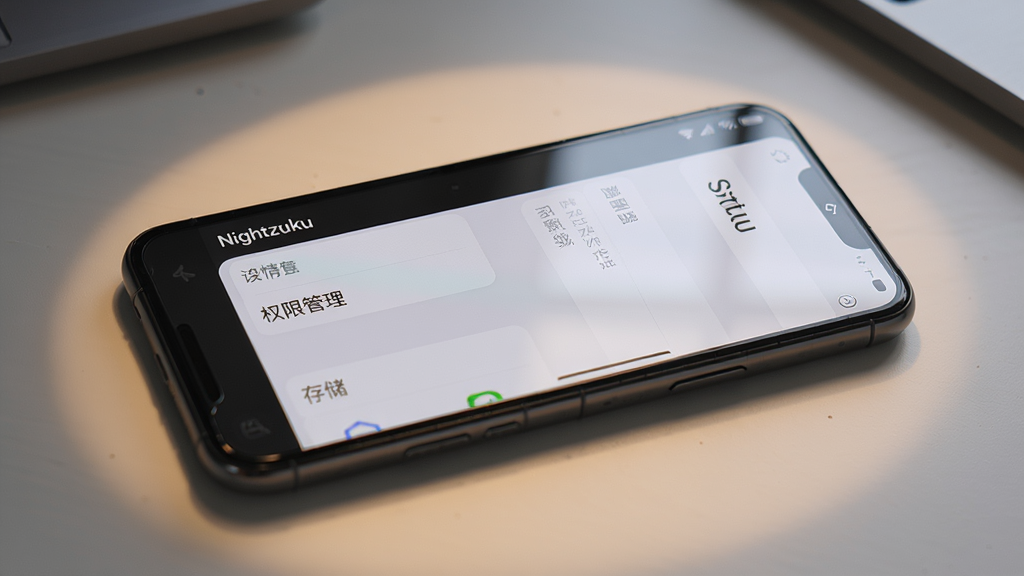 主体:一部手机横屏显示Nightzuku的设置界面,屏幕上有“权限管理”和“存储”选项。布局:手机置于桌面,周围有柔和光晕。排版:设置列表清晰可见。风格:简洁实用。细节:屏幕反光自然。画质:高清,干净。