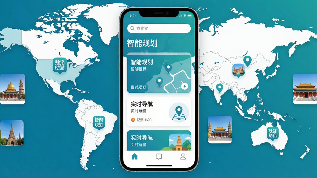 主体:楚洛助游手机应用界面,展示行程规划功能,背景为世界地图与景点缩略图。布局:居中展示应用主界面,四周留白,下方有导航按钮图标。排版:界面清晰,功能分区合理,顶部有搜索框,中间为推荐路线卡片,底部为功能菜单。风格:现代扁平化设计,色彩明亮清新,以蓝绿色为主色调,搭配白色背景。细节:应用图标上有“楚洛助游”字样,界面中显示“智能规划”“实时导航”等文字,地图上标注景点坐标。画质:高清,干净,无多余元素。