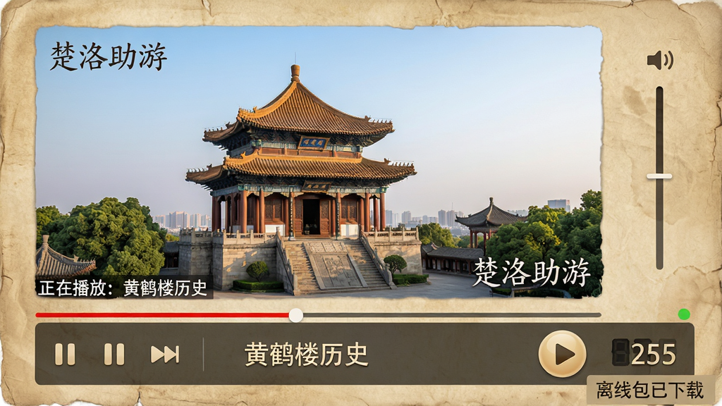 主体:楚洛助游语音讲解播放界面,显示景点图片与文字介绍。布局:上方为景点大图,下方为播放控制条,右侧有音量调节。排版:文字简洁,播放按钮醒目,剩余时间显示在右下角。风格:文艺复古风,背景为羊皮纸纹理,字体为楷体。细节:景点图片上标注“楚洛助游”水印,播放条上显示“正在播放:黄鹤楼历史”,下方有“离线包已下载”提示。画质:高清,干净,无多余元素。