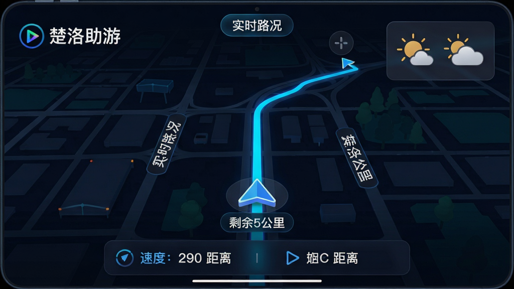 主体:楚洛助游导航界面,显示实时地图与方向箭头。布局:地图占满屏幕,底部有速度与距离信息条,右上角有天气小部件。排版:信息简洁,方向箭头清晰,道路名称标注在旁。风格:科技感十足,深色背景配亮色路线,夜间模式视觉效果。细节:地图上显示“楚洛助游”导航标识,顶部有“实时路况”标签,箭头下方有“剩余5公里”文字。画质:高清,干净,无多余元素。