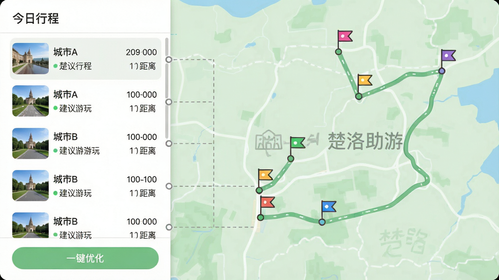 主体:楚洛助游行程规划界面,显示一条从城市A到城市B的路线,途经多个景点图标。布局:左侧为景点列表,右侧为地图视图,中间用虚线连接。排版:列表清晰,每个景点有名称、建议游玩时间和距离标注。风格:清新简约,地图使用淡绿色底图,景点图标为彩色小旗。细节:地图上标注“楚洛助游”水印,列表顶部有“今日行程”标题,底部有“一键优化”按钮。画质:高清,干净,无多余元素。