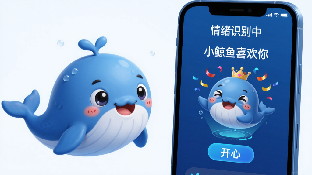 主体:卡通小鲸鱼与用户手机对话界面,界面显示“小鲸鱼喜欢你”识别出“开心”情绪,并弹出庆祝动画。布局:左侧为小鲸鱼形象,右侧为手机屏幕特写。排版:屏幕上方显示“情绪识别中”,下方显示“开心”标签。风格:科技感与可爱结合,蓝色调为主。画质:高清,干净,无多余元素。