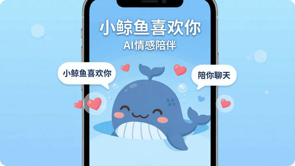 主体:一只可爱的卡通小鲸鱼在手机屏幕中微笑,周围漂浮着爱心和对话气泡,气泡内写着“小鲸鱼喜欢你”和“陪你聊天”。布局:手机居中,鲸鱼从屏幕中探出头,背景为柔和的蓝色渐变。排版:文字“小鲸鱼喜欢你”置于图片顶部居中,副标题“AI情感陪伴”置于其下。风格:扁平化插画风,色彩明快,细节丰富。画质:高清,干净,无多余元素。