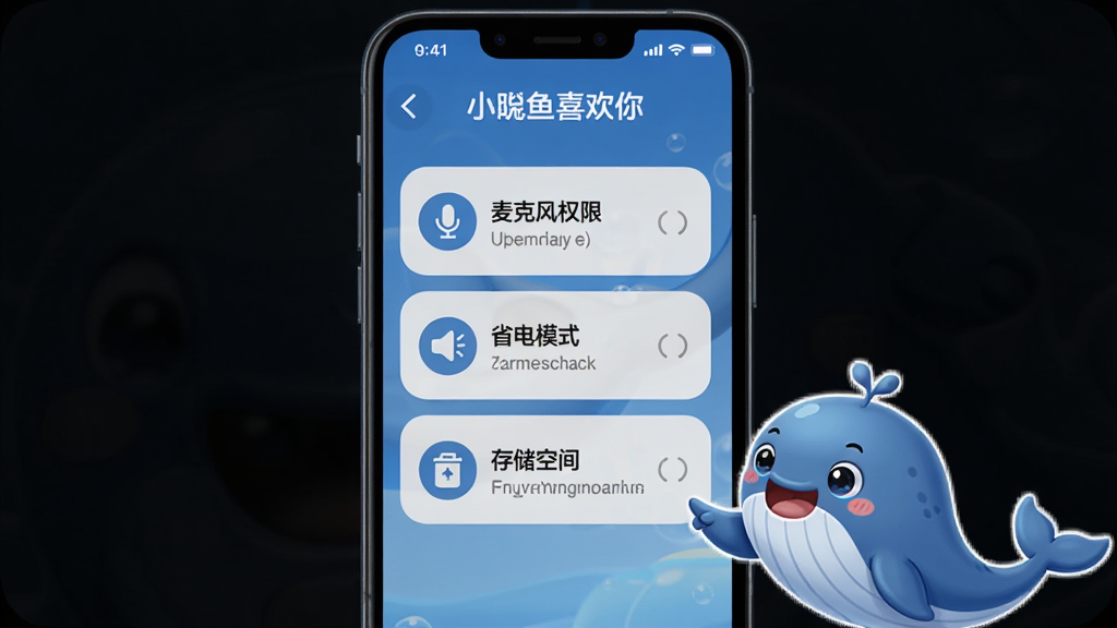 主体:手机屏幕显示小鲸鱼喜欢你使用指南界面,有“麦克风权限”、“省电模式”、“存储空间”等选项,小鲸鱼在旁指导。布局:屏幕中央为设置列表,小鲸鱼在右下角。排版:列表项清晰,有图标和文字。风格:简洁明了,蓝色主题。画质:高清,干净,无多余元素。