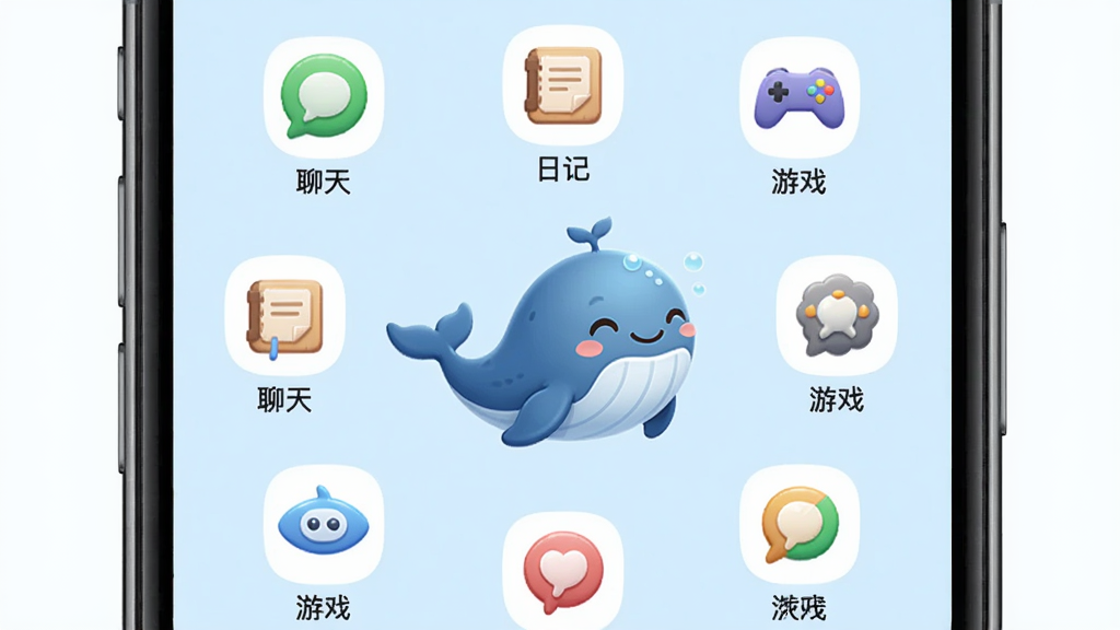 主体:手机界面展示小鲸鱼喜欢你的多个功能图标,如“聊天”、“日记”、“游戏”等,小鲸鱼在中央微笑。布局:功能图标环绕鲸鱼排列,背景为浅色。排版:每个图标下方有文字标签。风格:清新简洁,适合移动端。画质:高清,干净,无多余元素。