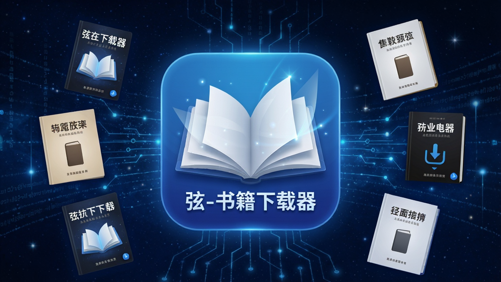 画面中央展示“弦-书籍下载器”APP图标,周围环绕各类电子书封面,背景为深蓝色星空与数据流线条,整体布局居中,排版简洁,科技感风格,细节包括书本翻页特效与光效,画质高清干净,无多余元素