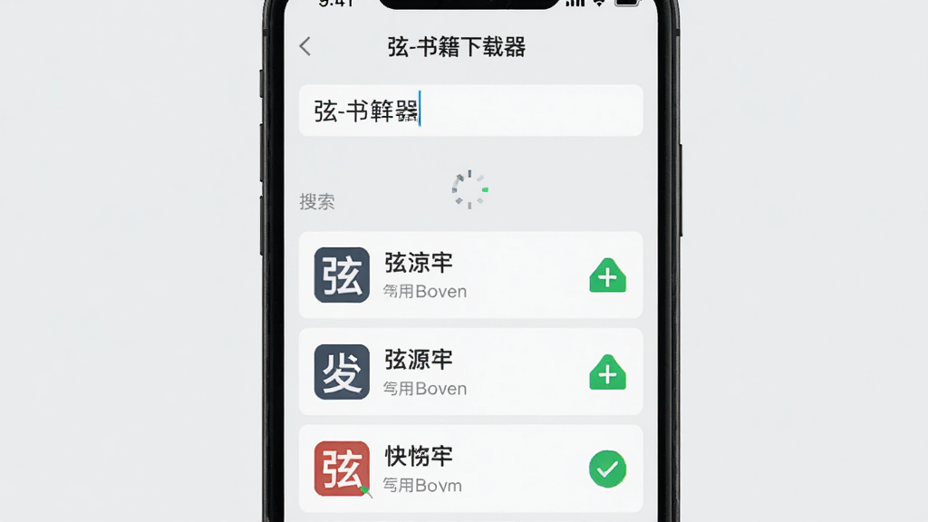 手机屏幕显示“弦-书籍下载器”搜索界面,输入框内输入书名,下方展示来自不同书源的结果列表,每个结果标注来源图标,背景为浅灰色,布局清爽,排版整齐,扁平化设计风格,细节包括加载动画和绿色可用标识,画质干净无多余元素