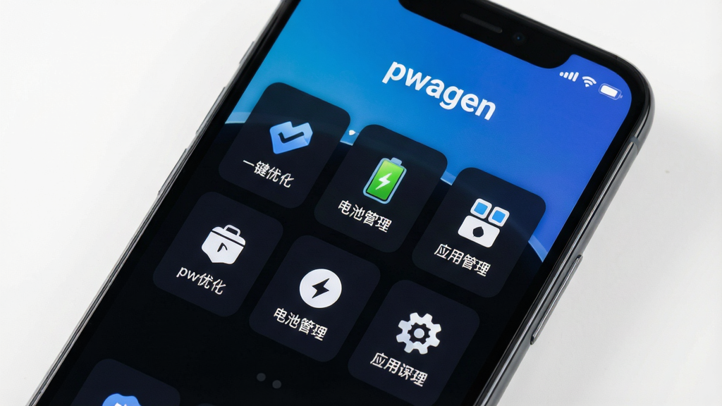 一张智能手机屏幕特写,屏幕中央显示pwagen主界面,界面采用深色主题,顶部有“pwagen”字样,下方排列着“一键优化”、“电池管理”、“应用管理”等模块图标,背景为渐变蓝色,整体风格简洁现代,高清画质,干净无多余元素