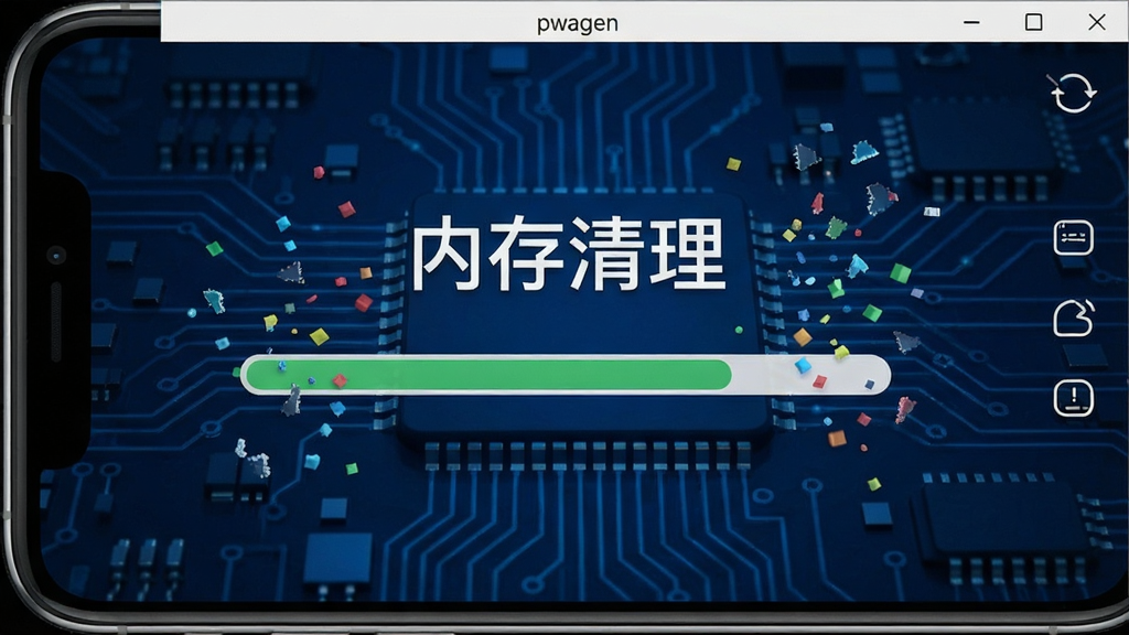 pwagen软件运行界面,手机屏幕显示内存清理进度条,周围有悬浮的碎片粒子特效,背景为科技感十足的深蓝色电路板纹理,界面布局清晰,文字标注“内存清理”字样,画质细腻,干净无多余元素
