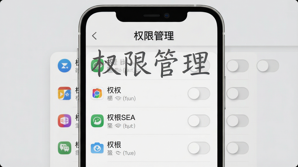 pwagen应用权限管理界面,手机屏幕列出了各个应用的权限列表,右侧有开关按钮,背景为浅灰色,界面风格简洁,重点突出“权限管理”字样,画质清晰,干净无多余元素
