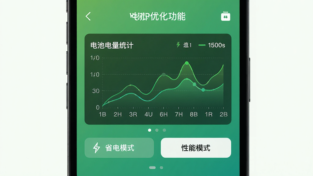 pwagen电池优化功能界面,手机屏幕显示电池电量统计图表,下方有“省电模式”、“性能模式”等选项,背景为绿色渐变,整体风格清新,界面简洁,文字清晰,画质干净