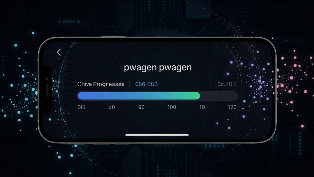 pwagen软件在手机上的实际使用场景图,手机横屏显示优化进度条,周围有动态粒子效果,背景为暗色科技风格,界面布局合理,文字清晰,画质高,干净无多余元素
