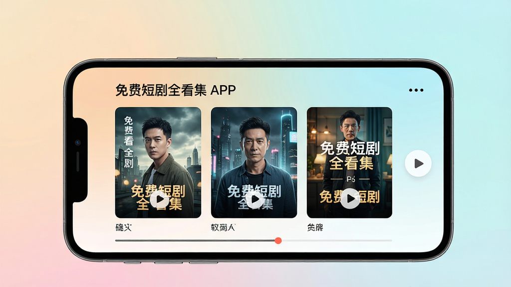 画面主体为一部智能手机屏幕展示免费短剧全看集APP界面,屏幕中显示多个短剧封面缩略图与播放按钮,背景为柔和的渐变色,整体布局居中,排版简洁现代,风格清新明亮,细节包含剧集标题文字“免费短剧全看集”与播放进度条,画质高清干净,无多余元素