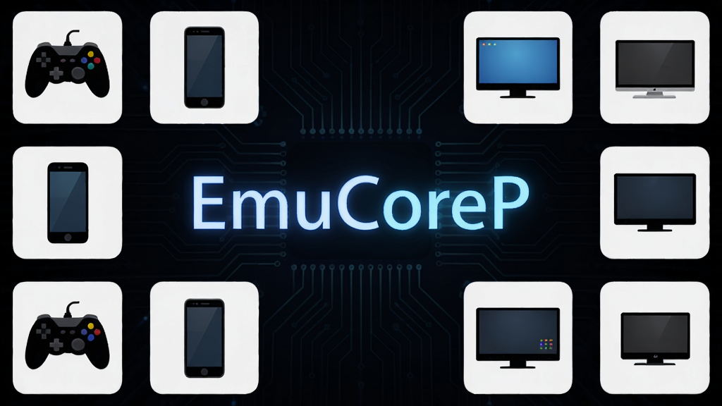 EmuCoreP 模拟器核心组件主界面展示,深色科技感背景,中央显示“EmuCoreP”发光字样,四周环绕各类游戏手柄、手机、电脑等设备图标,布局对称,排版清晰,风格偏向极简科技,细节丰富,画质高清,干净无多余元素
