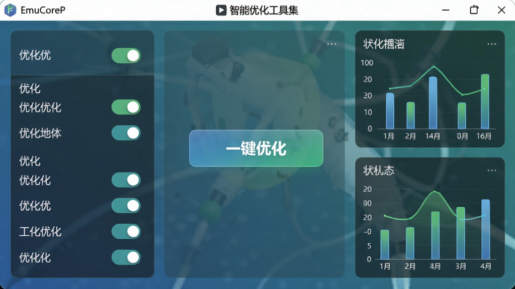 EmuCoreP 智能优化工具集界面截图,展示各类优化开关与状态图表,画面中心为“一键优化”按钮,整体布局简洁明了,风格清新,细节精致,画质高清,干净无多余元素