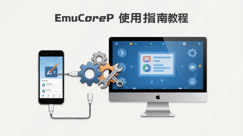 EmuCoreP 使用指南教程插图,画面展示手机和电脑并排连接,中间有齿轮和工具图标,背景为浅色,风格简洁,布局清晰,细节丰富,画质高清,干净无多余元素