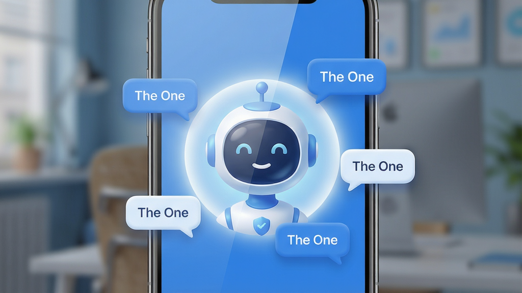 主体:The One应用主界面,展示智能陪伴对话场景,一个虚拟助手形象在手机屏幕中微笑,周围有柔和的光晕和漂浮的对话气泡,气泡内写着“The One”。布局:手机居中,界面清晰,助手形象位于屏幕中央,对话气泡环绕。排版:简洁现代,UI元素排列有序,主次分明。风格:扁平化设计结合轻微拟物质感,色彩清新明亮,以蓝色和白色为主调。细节:屏幕反射光线自然,背景虚化,突出主体。画质:4K高清,干净,无多余元素。