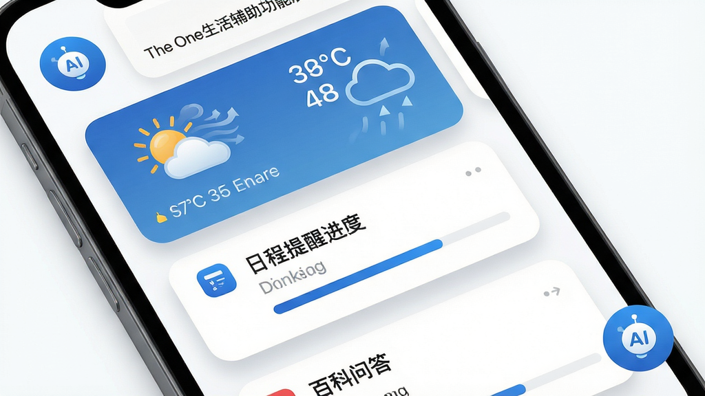 主体:The One生活辅助功能展示,手机屏幕分割显示天气卡片、日程提醒和百科问答,AI助手图标在角落里。布局:瀑布流卡片式布局,信息丰富但井然有序。排版:卡片圆角阴影,文字清晰,图标简约。风格:商务简约风,白底蓝字,干净利落。细节:天气卡片有动态图标,日程提醒有进度条。画质:高清,干净,无多余元素。