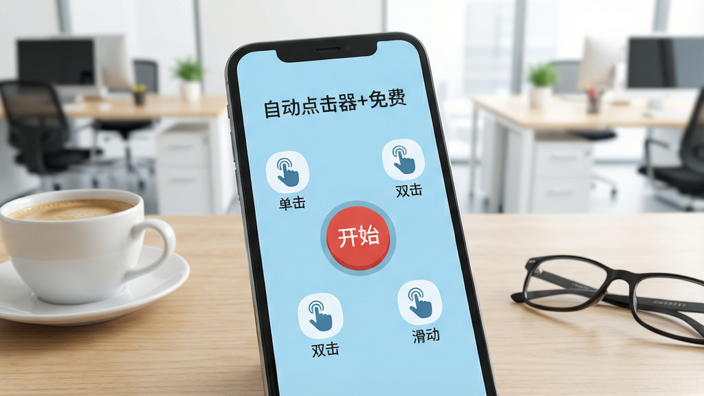 一张智能手机屏幕的特写,屏幕上清晰显示“自动点击器+免费”APP的简洁操作界面,界面以浅蓝色为主色调,中央有一个醒目的红色开始按钮,周围布局着“单击”、“双击”、“滑动”等几个功能图标。手机被放置在简约的木质桌面上,旁边散落着一杯咖啡和一副眼镜,背景是明亮的现代办公室环境,整体画面干净、明亮、聚焦清晰,突出软件的易用性和高效感,画质干净无多余元素