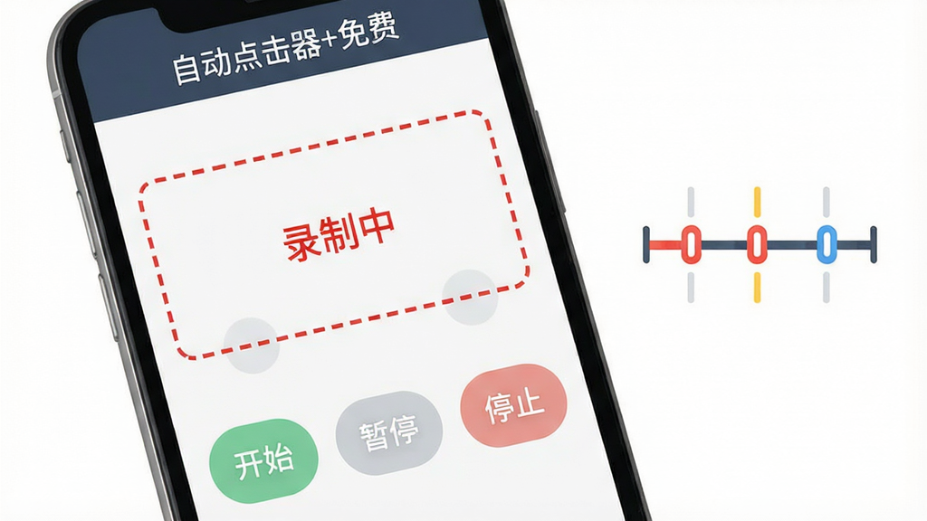 手机屏幕展示“自动点击器+免费”的脚本录制界面,界面用红色虚线框出“录制中”状态,屏幕下方有“开始”、“暂停”、“停止”三个半透明控制按钮。手机旁边配有一个简化的时间轴图标,暗示操作序列被记录。界面风格扁平化,色彩鲜明,突出科技感与自动化概念,画质干净,无多余元素