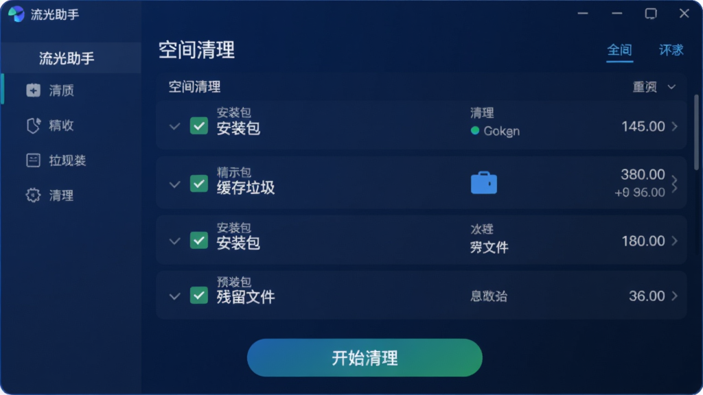 流光助手垃圾清理功能预览图,展示“流光助手”软件中“空间清理”界面,列出缓存垃圾、安装包、残留文件等清理类别,每个类别前有绿色勾选框,底部有“开始清理”按钮,界面以深蓝色为主色调,数据列表清晰直观,整体风格科技感强,画质细腻干净,无多余元素