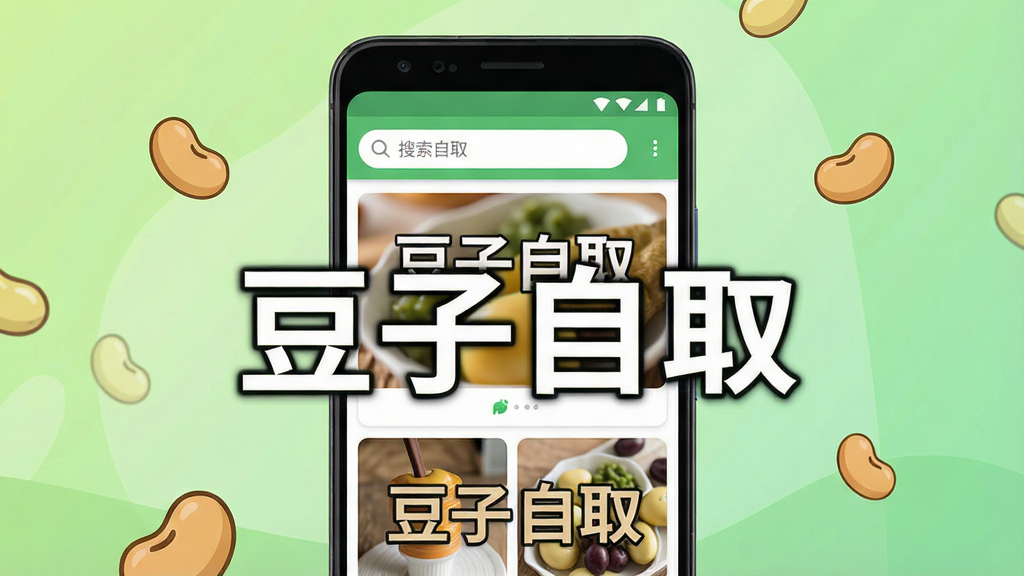 一张展示豆子自取软件核心功能的宽幅预览图,画面中央是一部亮屏的安卓手机,屏幕内显示豆子自取的主界面,界面布局清晰,上方有搜索栏,下方是瀑布流图片卡片,卡片上覆盖着醒目的“豆子自取”字样水印,背景为浅绿色渐变,搭配几颗卡通豆子元素点缀,整体风格简洁明快,画质干净高清,无多余元素