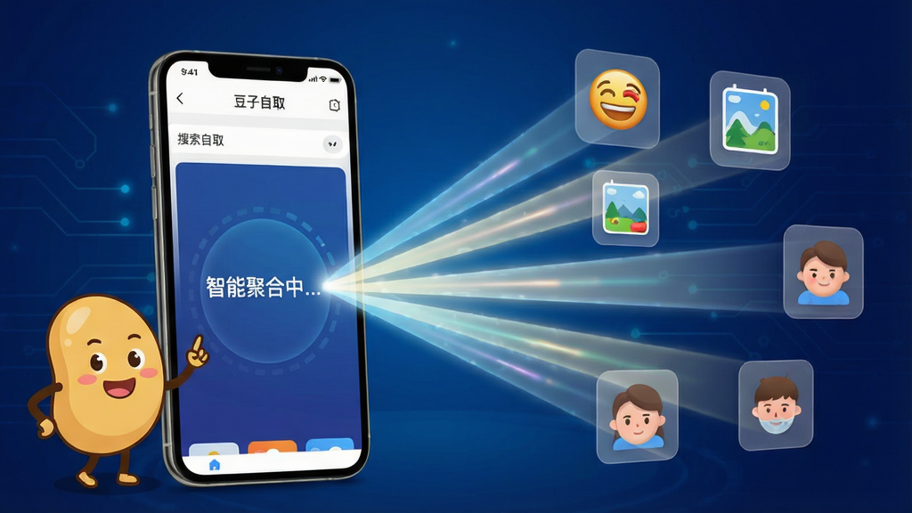 一张展示豆子自取智能聚合功能的界面截图,画面左侧是“豆子自取”APP的搜索页,右侧悬浮着多个半透明的分类图标,如表情包、壁纸、头像等,中央有一道道光束从四面八方汇聚到手机屏幕内,屏幕中显示“智能聚合中...”字样,背景为深蓝色科技感渐变,豆子形状的卡通IP形象站在手机旁,整体设计富有科技感与活力,画质清晰,构图饱满,无多余元素