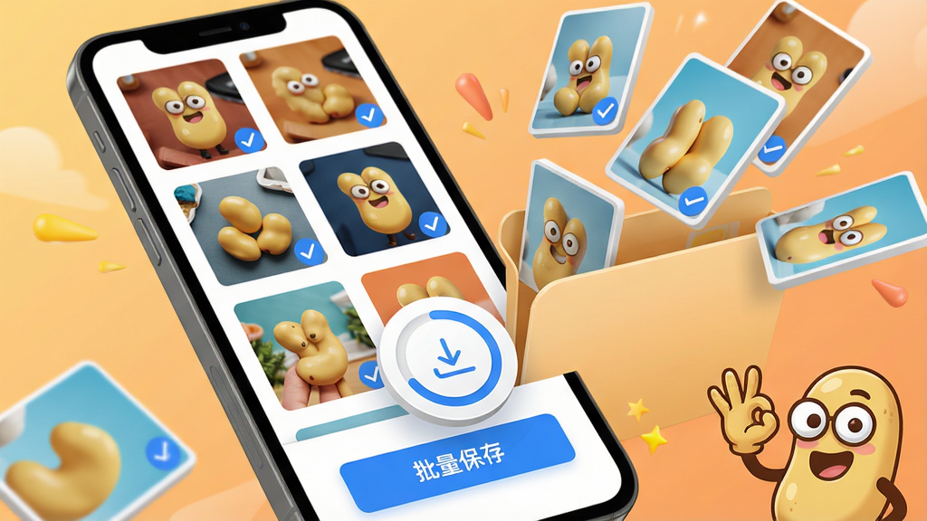 一张展示豆子自取批量下载功能的动态效果图,画面中一部手机屏幕内显示豆子自取的图片网格,每张图片右下角都有蓝色对勾标记,屏幕底部有一个“批量保存”按钮,按钮上方悬浮着下载进度环形图标,周围有数张图片以3D卡片形式飞入手机相册文件夹中,背景为浅橙色活力渐变,豆子卡通形象在角落比出OK手势,整体风格活泼明快,画质细腻,无多余元素