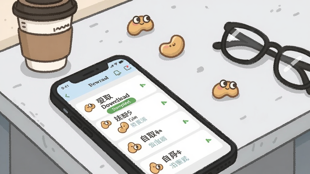 一张展示豆子自取使用场景的插画,前景是一部手机屏幕显示豆子自取的下载完成列表,背景是简约的浅灰色工作台,台面上散落着几颗卡通豆子,手机旁边有一个咖啡杯和一副眼镜,画面温馨自然,突出日常使用的轻松氛围,整体风格清新淡雅,画质干净,无多余元素