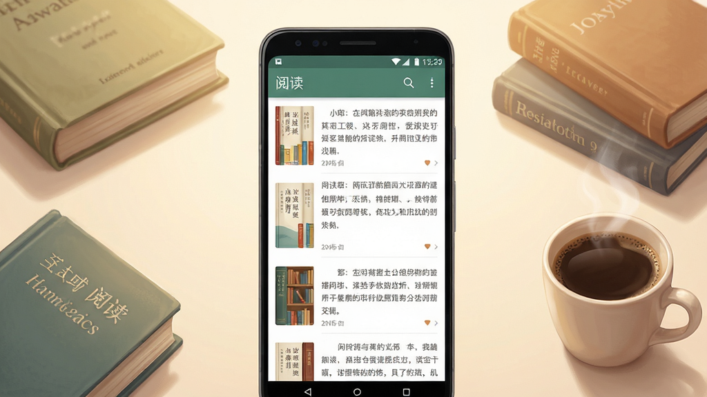 主体:一款名为“阅读”的安卓手机阅读应用界面,屏幕中显示简洁的小说排版与书架。布局:手机竖屏居中,背景为淡雅的书房桌面,周围有散落的几本实体书与一杯咖啡。排版:手机屏幕清晰展示书籍列表与阅读页。风格:写实与数字插画结合,色调温暖明亮。细节:屏幕内文字可辨识,界面干净无多余图标。画质:高清,干净,无多余元素。